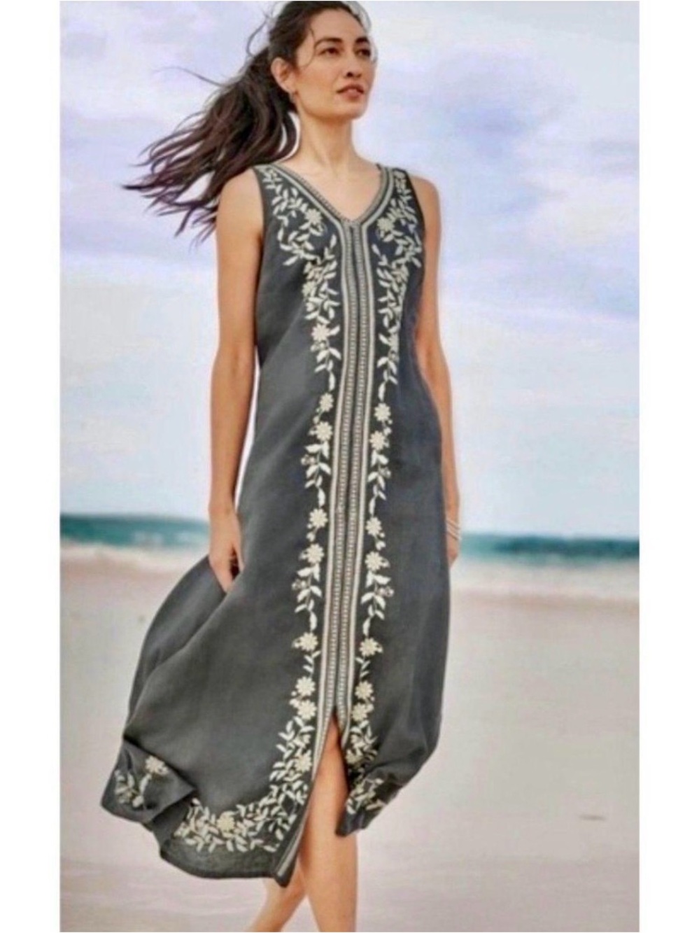 Pure Jill (J. Jill) Embroidered Heirloom Linen Sleeveless Maxi Dress Medium